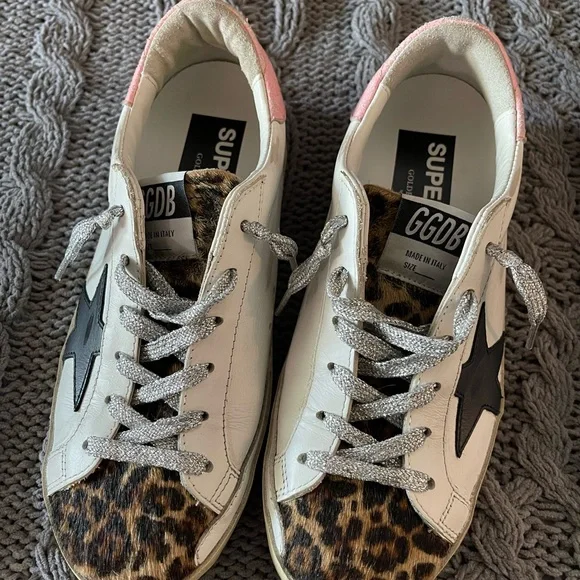 Golden Goose Leopard Print Sneakers with Pink Heel